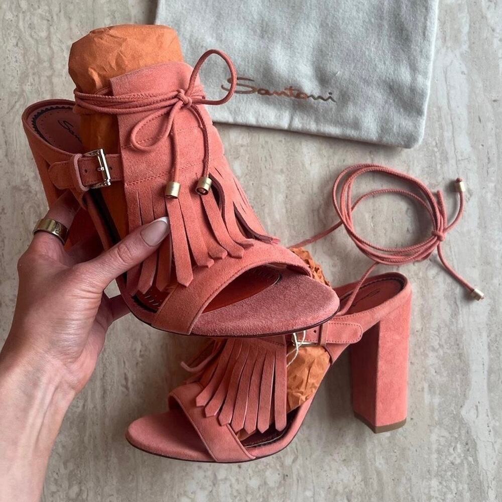 NIB Santoni Suede Fringe Chunky Heel Sandals Size 40.5 Made in Italy